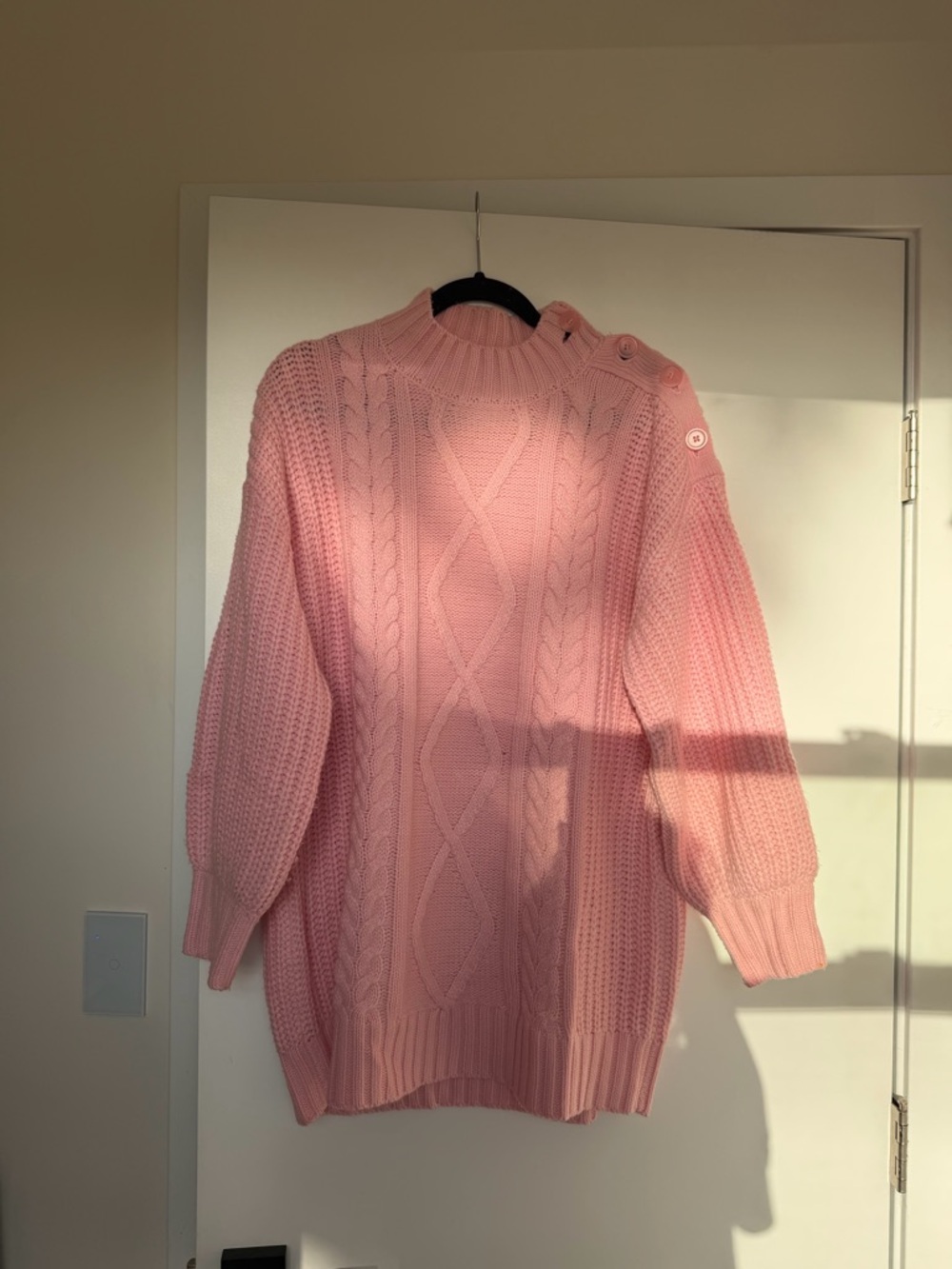 Women's Pink Cable Knit Button-Shoulder Sweater